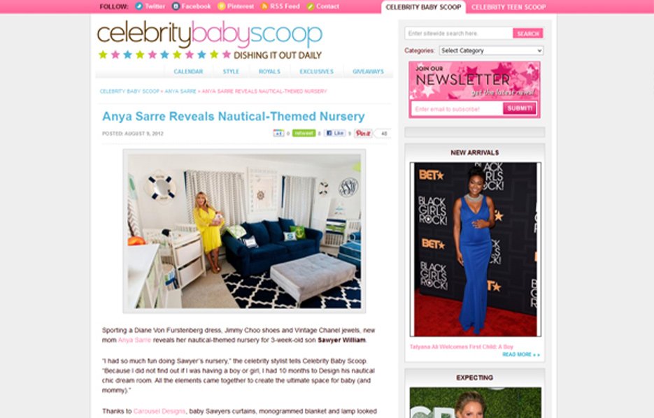Anya Sarre using Carousel Desing products in a Celebrity Baby Scoop Blog Article