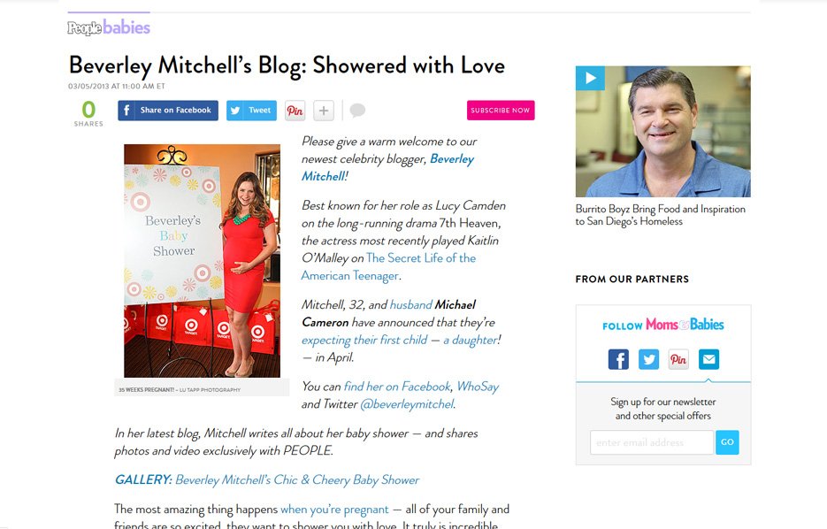 Beverly Mitchell using Mabel's labels products in a People Babies Blog Article