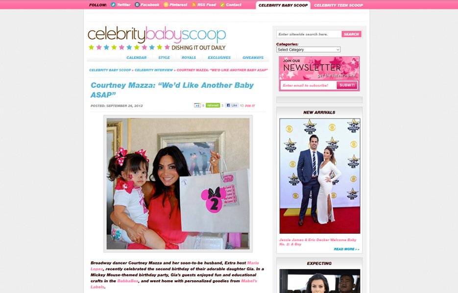 Courtney Mazza using Mabel's labels products in a Celebrity Baby Scoop Blog Article