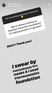 DeAnna Stagliano mentioning Aloisa Beauty in her Instagram Stories