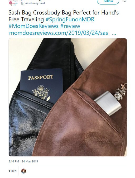 Pamela Maynard from Mom Does Reviews recomending Sash Bag Crossbody bag in a Twitter Post