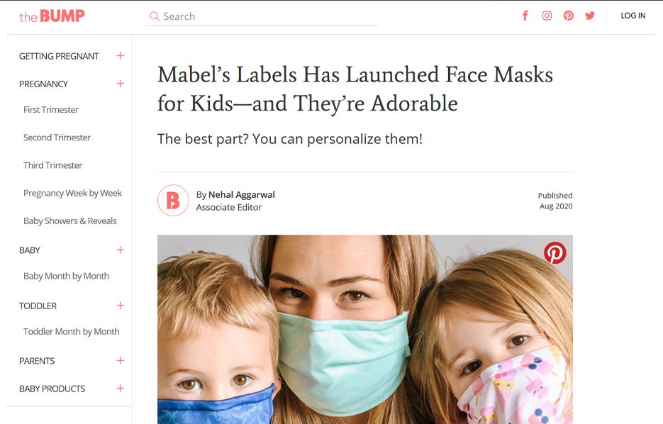 Mabel´s Labels Face Mask for Kids in The Bump Digital Magazine Article
